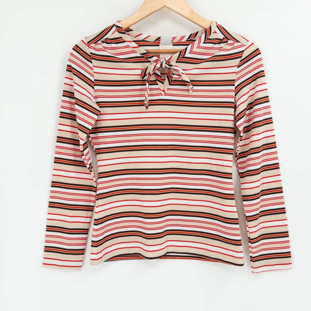 Vintage 70s Striped Top Women S C Tie Neck Colorful Twee Retro Kmart Preppy Mod